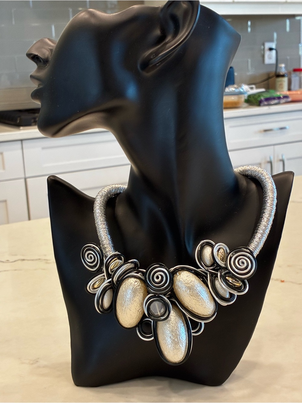 Amrita Singh Silver, Pearl-White & Blk Sculptural “Oyster” Collar Necklace. NIB
